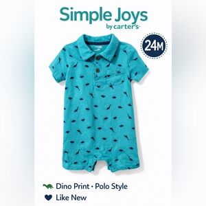 DONATED: Simple Joys by Carter’s Dino Polo Romper – 24M | Teal Dinosaur Print